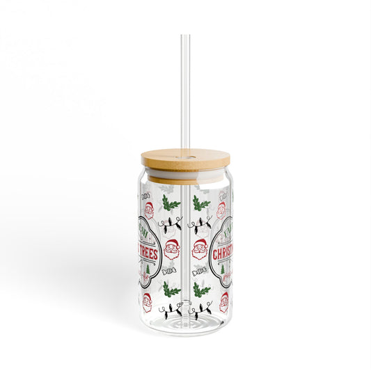 Christmas Sipper Glass, Holiday Drinkware, Festive Glass Jar, Eco-Friendly Beverage Cup, Seasonal Home Decor